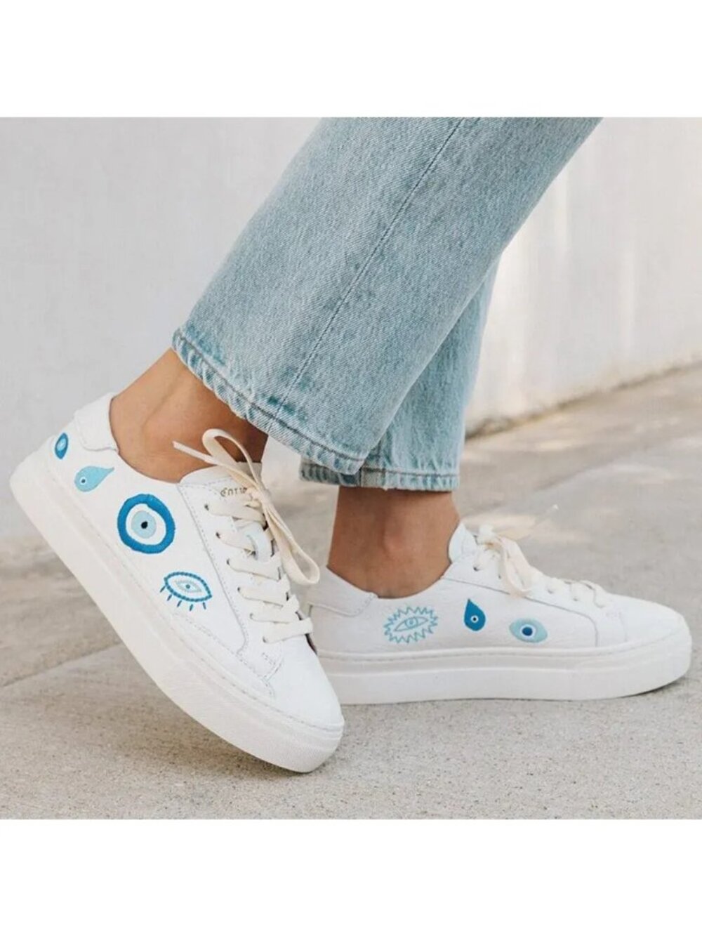 Soludos White Leather Evil Eye Good Luck Sneakers, Size 9